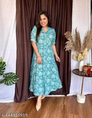 Cotton New Designer Special Flower Print Dress Green