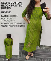 Women Green Handblock Printed Cotton Kurti