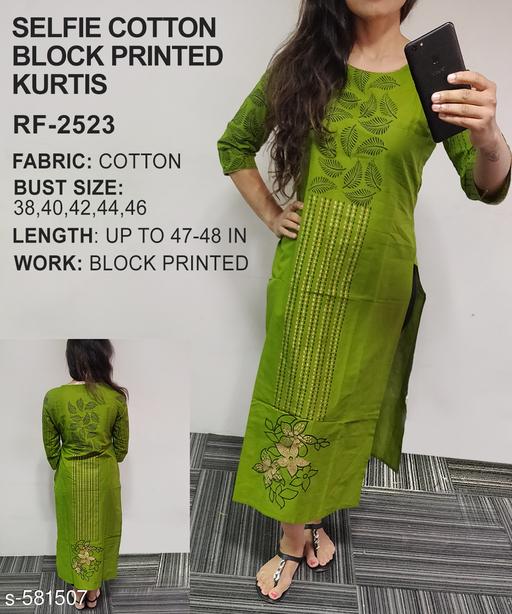 Women Green Handblock Printed Cotton Kurti