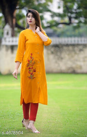 Women Rayon A-line Embroidered Mustard Kurti