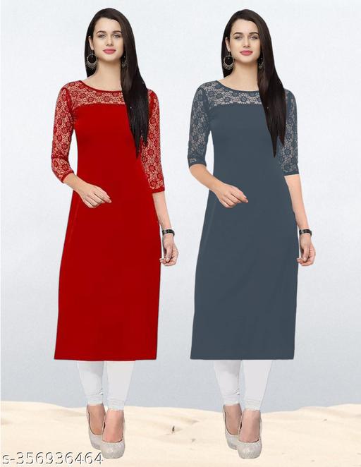 Pack of 1 Casual American Crepe And Net Round-Neck 3/4 Length Sleeves Red & Grey Kurti (42"Inches)