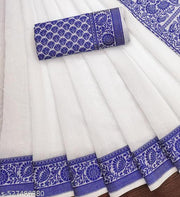 Top trending latest simple plain party wear/wedding Women's Jacquard Rapier Weaving White Cotton Silk Saree with Blue Thread Border & Rich Pallu | Elegant Traditional Saree