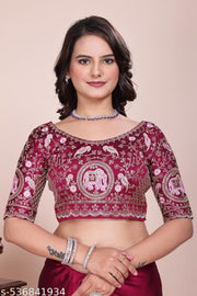Women's Wine Heavy Embroidered Silk Saree with Cutwork Border & Figure Designer Blouse Piece
