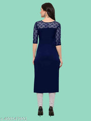Casual American Crepe And Net Round-Neck 3/4 Length Sleeve Navy Blue Kurti (45"Inches)