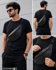 Men's Premium Black PU Leather Sling Bag | Adjustable Crossbody Chest Bag with Multiple Zip Compartments