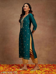 Designer Silk Blend Straight Kurta || Women Embroidered Silk Blend Straight Kurta ||