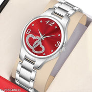 HRV Red Double Heart Dial Metal Silver Belt Girls watch