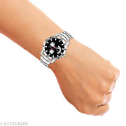Trendy Steel Round Black Dial Analog Wrist Watch For Men and Boys