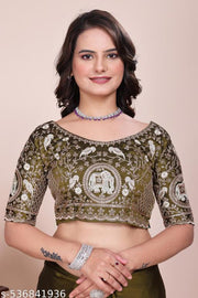 Women's Mehendi Green Heavy Embroidered Silk Saree with Cutwork Border & Figure Designer Blouse Piece