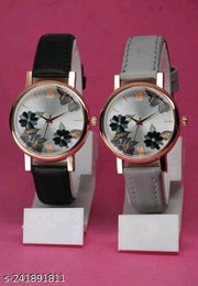 Best Quality Flower Designer Round Dial Attractive Leather Belt Women Watches Combo Pack of 2
