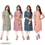 Polyster/Crepe fabric-Women Printed Straight Kurti Combo of 4