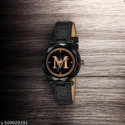 Atix ALPHABET "M" New Arrival Classic Analog Wrist Watch - Stylish Black Dial with Black Leather Strap for Women & Girls| Pack of 1 | ALPHA-M-GEN-BK-BLK-CUTL