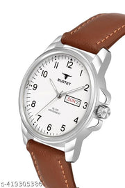 RUSTET Analog New Track Number Dial Day Date Functioning Leather Strap Watch for Men