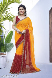SUBHAM Women's Yellowish Georgette Checks Embroidered Saree with Unstiched Blouse