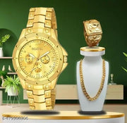 H&H Rosra Golden Formal Watch For Men's and boys { gold Ring +gold Chain Free  }