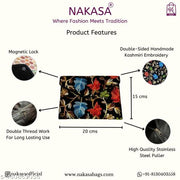 NAKASA Women's Kashmiri Handmade Flower Embroidery Small Black Clutch Cum Sling Bag