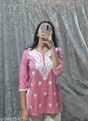 JANNAT ANBEEEY RASHA PREMIUM CHIKANKARI NEW CUTE PINK STRAIGHT SHORT KURTI