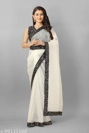 Premium Net Saree with Black Sequin Border & Sequin-embellished velvet blouse