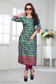 Women’s Floral Printed Straight Kurti | 3/4 Sleeve Ethnic Kurta | Round Neck Stylish Kurti | Casual, Office Wear, Daily Wear & Festive Outfit