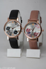 Attractive Flower Design Lather Belt  Analog Watches Combo For Girls & Women