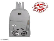Stylish Grey Backpack for Girls & Women | Bicycle Print Casual School & College Bag | Lightweight Daily Use Travel Backpack