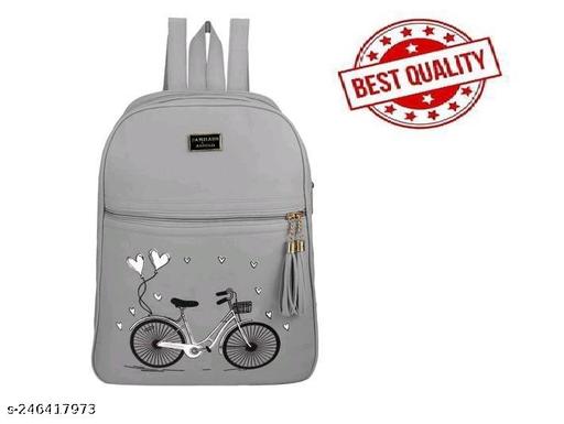 Stylish Grey Backpack for Girls & Women | Bicycle Print Casual School & College Bag | Lightweight Daily Use Travel Backpack