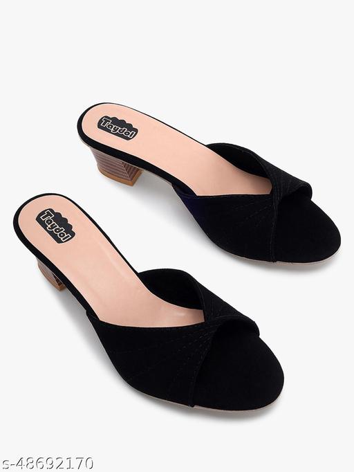 Taydol Women Fancy slip-on Block medium Heel black velvet woven design pvc sole open toe Sandal (33)