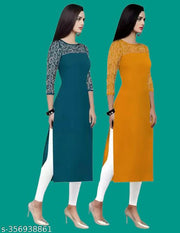 Pack of 1 Casual American Crepe And Net Round-Neck 3/4 Length Sleeves Rama & Yellow Kurti (42"Inches)