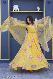 Elegant Yellow Floral Anarkali Dress – Women’s Round Neck Long Sleeves Ankle Length Ethnic Wear