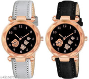 Analogue New Flower Print Dial Lathers Strap Girls and Womans Watches(Grey&black)