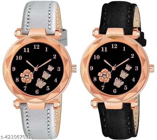 Analogue New Flower Print Dial Lathers Strap Girls and Womans Watches(Grey&black)