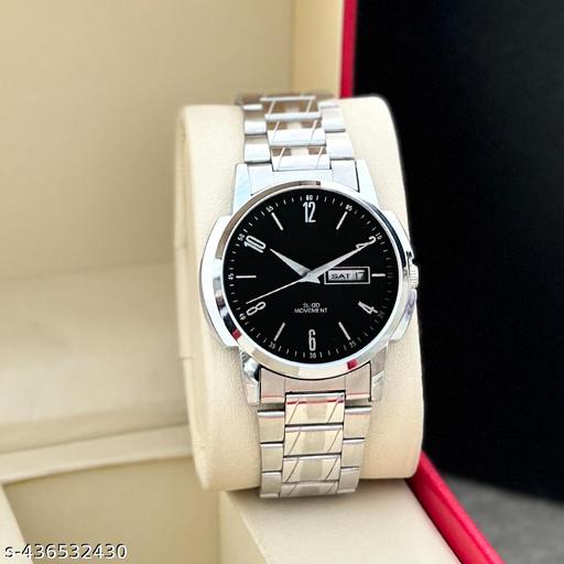Day & Date Function Watch With Black Coated Dial, Stainless Steel Chain Analog Watch - For Men