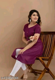 Women's&Girl's "Rayon"  Fashionble v-neck with puff sleeb  stylish kurti(purple)
