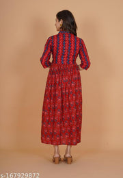 INDIANIC Women Rayon Floral Print Flared Kurta (Red)