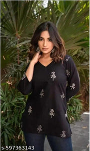 SANGOURI BLACK WOMAN KURTI  STYLISH  FLOWER PATTERN