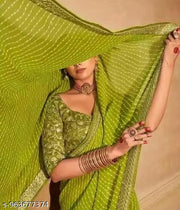 Women Green Leheriya Pattern Saree with Embroidered Lace Border, Traditional Ethnic Wear Saree, Festival Wear Fancy Saree for Women with Matching Blouse Piece