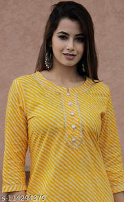 Women Leheriya Print A-Line Cotton Yellow Kurti