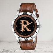 Welix Analog Round Black Dial ALPHABET R Design Stylish Brown Leather Strap Classic Design Fancy Wrist Watch for Men and Boys, Pack of 1 - ALPHA-R-AVO-SIL-DBRW-CRL