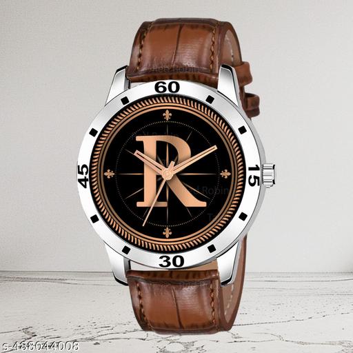 Welix Analog Round Black Dial ALPHABET R Design Stylish Brown Leather Strap Classic Design Fancy Wrist Watch for Men and Boys, Pack of 1 - ALPHA-R-AVO-SIL-DBRW-CRL
