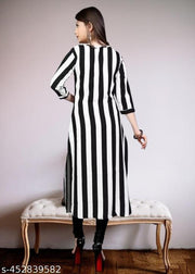Casual American Crepe Round-Neck 3/4 Length Sleeves Stripe Printed Straight Kurti (45"Inches)
