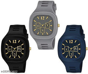Square Dial Black Blue Grey White Red Analog Watches with Silicon Strap Stylish ADDI Designer Combo Watch for Mens & Boys Pack of 3
