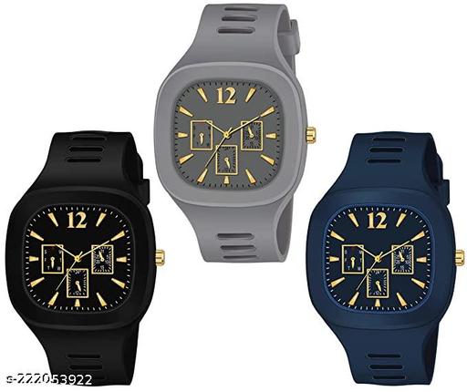 Square Dial Black Blue Grey White Red Analog Watches with Silicon Strap Stylish ADDI Designer Combo Watch for Mens & Boys Pack of 3