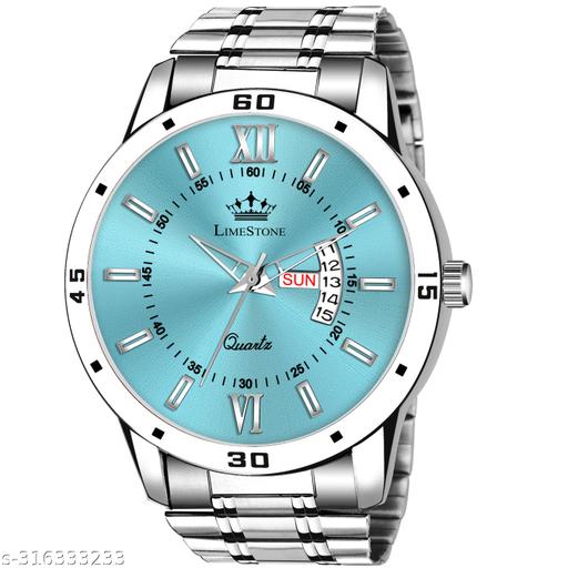 LIMESTONE  Day and Date Function Ice Blue Dial Steel Chain Trending Quartz Analog Watch - For Men LS3235
