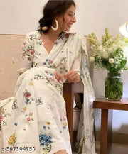 linen cotton printed white color saree