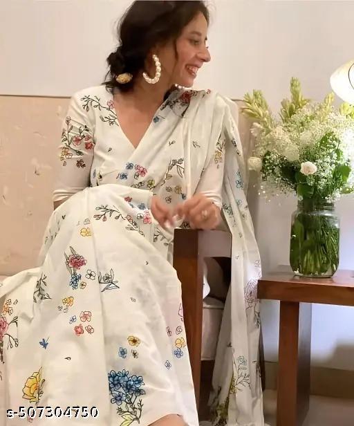 linen cotton printed white color saree