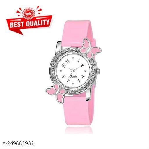 Pink Butterfly Diamond White Dial And Pink Belt Analog Watch For Girls And Women Bracelet Analog Watch For Women And Girls