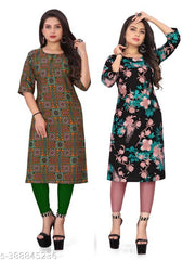 Women Crepe Fabric Printed Straight Kurti, Size -S, M, L, XL, XXL, 2XL, XXXL, 3XL, 4XL, 5XL ( New Arrival New Design Fashionable Kurti Combo of 2)