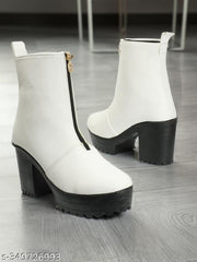 Women Zip Boot Stylish Shoes Stylish White Lace-Up Block Heel Ankle Boots with Black Sole for Women | Trendy Textured Boots for Party & Winter Wear Women Fashion Boot Long Stylish Boot