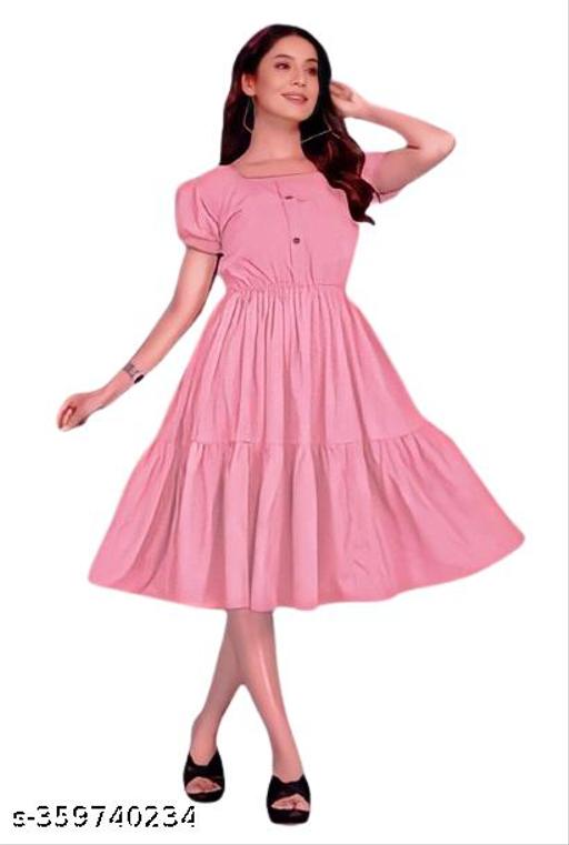 Women Rayon Solid A-Line Flared Kurti | Stylish Puff Sleeve One Piece Dress| Party Wear Dress Under 199 | Peach Baby Pink