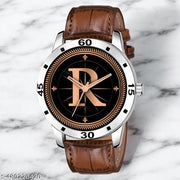 Krolexe Analog Round Black Dial ALPHABET R Design Stylish Brown Leather Strap Classic Design Fancy Wrist Watch for Men and Boys, Pack of 1 - ALP-R-AVO-SIL-DBRW-CRL